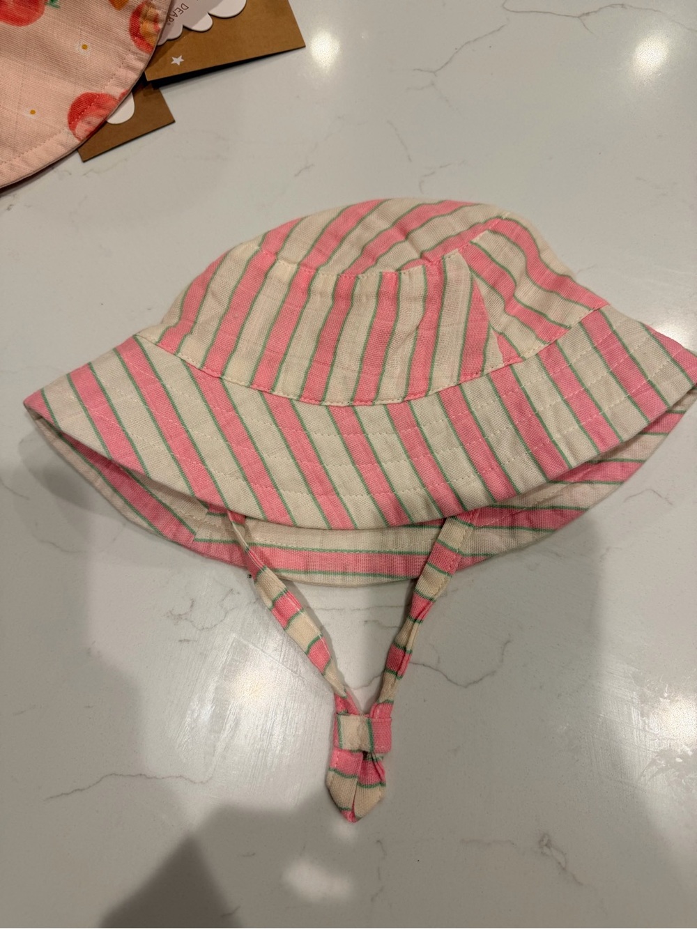 Angel Dear Pink & Cream Striped Baby Bucket Hat with Chin Tie